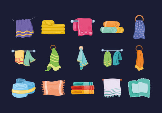 Colorful Towels Bathroom Hygiene Home Decor Illustrations Set