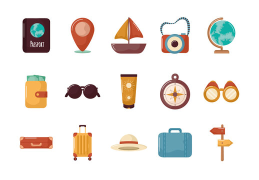 Colorful Travel Vacation Tourism Trip Travel Illustrations Set