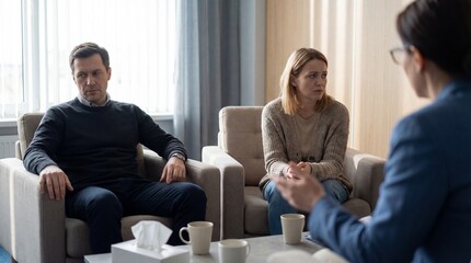 Man wearing a dark sweater and woman wearing a beige cardigan, sitting and listening to a counselor. Couple therapy session focused on relationship problems.