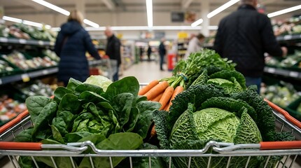 Shopping cart filled with fresh green vegetables in a supermarket aisle.