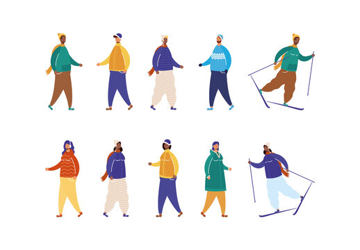 Colorful Winter People Outdoor Characters Illustrations Set