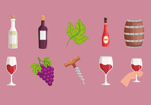 Wine Bottle Grapes Illustrations Set