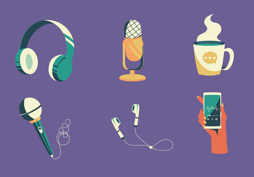 Colorful Podcast Audio Microphone Music Earphone Icons Set
