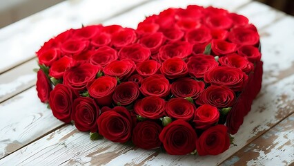 Heart-shaped arrangement of vibrant red roses, presented on a rustic, white-painted wooden surface. The blooms are tightly packed