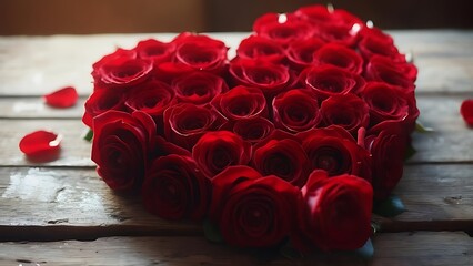 Heart-shaped arrangement of vibrant red roses on weathered wooden surface with scattered petals. Romantic and warm lighting