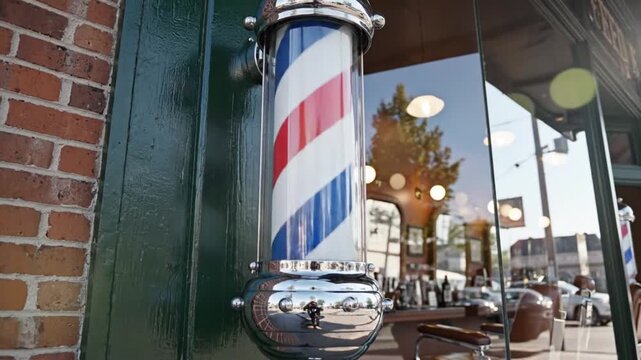 Barber shop exterior with red, white, and blue barber pole