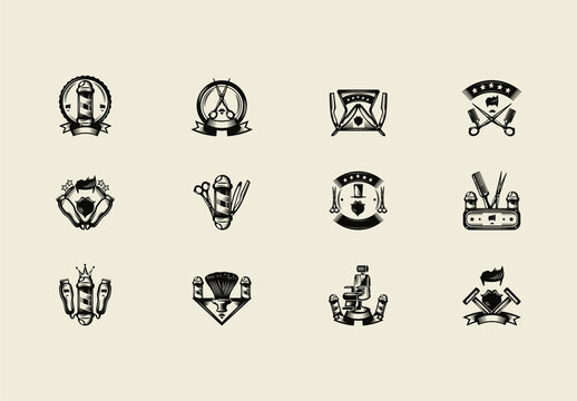 Black Retro Barbershop Icons Set