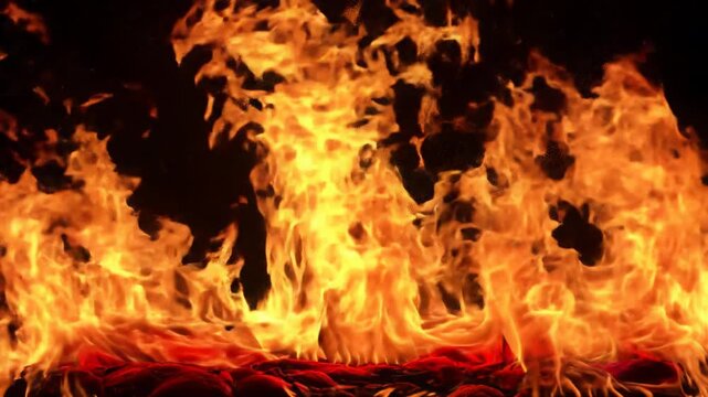 An extreme close-up video of intense, vibrant red, orange, and yellow incandescent flames swirling powerfully against an absolute black background, showcasing elemental power