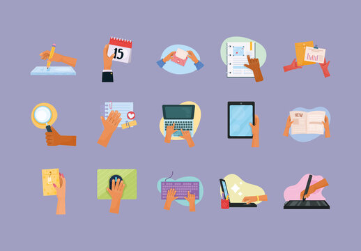Colorful Office Laptop Keyboard Paperwork Illustrations Set