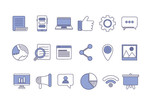 Purple And White Marketing SEO Strategy Doodle Icons Set