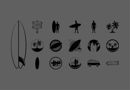 Black Surf Beach Palm Tropical Summer Vacation Illustrations Set