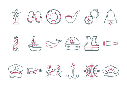 Red And Blue Nautical Marine Sea Travel Icons Set