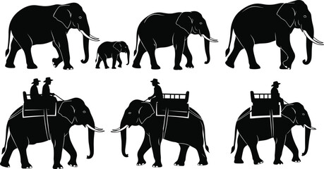 Elephant silhouettes vector collection, African wildlife animal family and safari ride scenes set, powerful mammal poses, nature illustration, black minimal design © Shoentesh