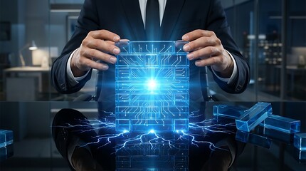 Businessman holding a glowing blue digital cube, representing advanced technology and data processing.