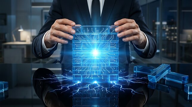Businessman holding a glowing blue digital cube, representing advanced technology and data processing. - Powered by Adobe
