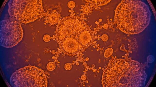 Microscopic view of complex cellular structures and viral replication