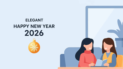 Naklejka premium Elegant 2026 New Year celebration with two friends reading
