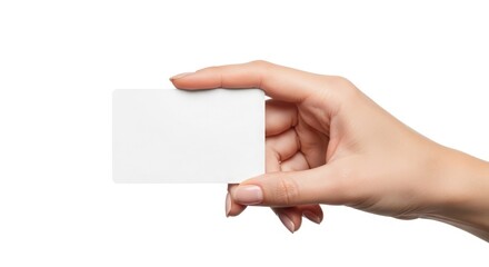 Obraz premium A hand holding a blank white card against a plain white background from a frontal viewpoint showcasing the card and fingers