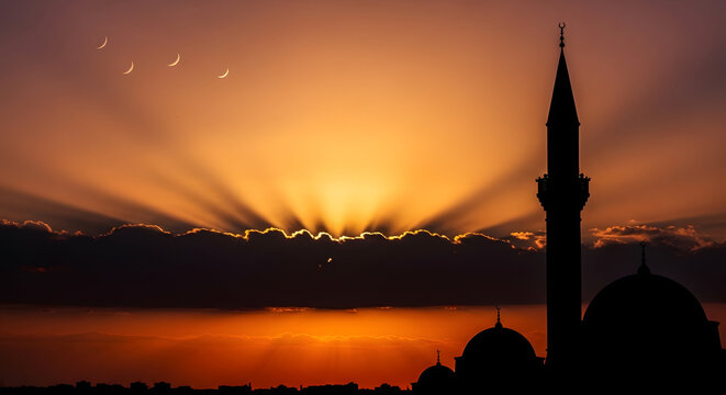 Sunset over a mosque with a tall minaret and a serene lake