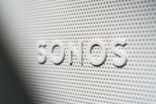 SONOS audio equipment manufacturer's logo on a white soundbar