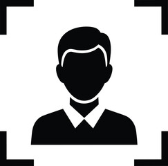 Facial recognition user icon silhouette vector illustration, biometric identity scan frame symbol, security authentication profile avatar, black and white design, isolated