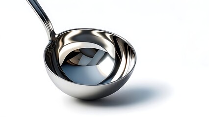 Highly reflective close-up of a stainless steel ladle against a stark white background, creating a visually striking composition