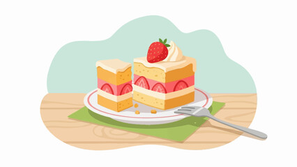 Delightful layered cakes with fresh strawberries and cream on a plate