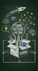 Innovative learning concept: chalkboard drawing with a lightbulb and symbols of education