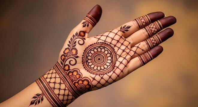 Intricate henna design adorns a hand with floral and geometric patterns, showcasing traditional artistry on human skin.