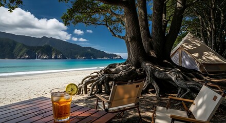 Outdoor seaside exploration, summer drink on camping table, folding seats, tent beneath giant trees, powdery sand, crystal ocean shine