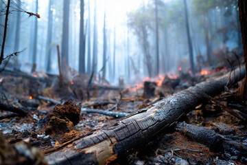 Obraz premium Wildfire Damage Revealing Devastating Impact on Natural Forest Ecosystem, Burned Trees, Climate Crisis and Environmental Destruction Concept
