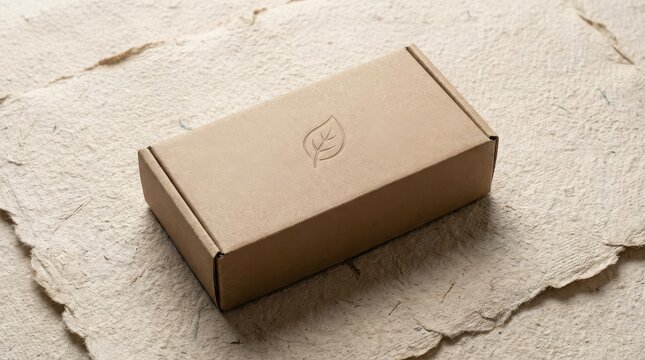 Eco friendly brown cardboard box with a leaf logo on a rustic surface