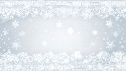 Icy background with decorative snowflake lace borders and softly falling snow. A bright central gradient