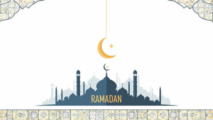 Obraz premium Ramadan Mosque Silhouette with Crescent Moon.