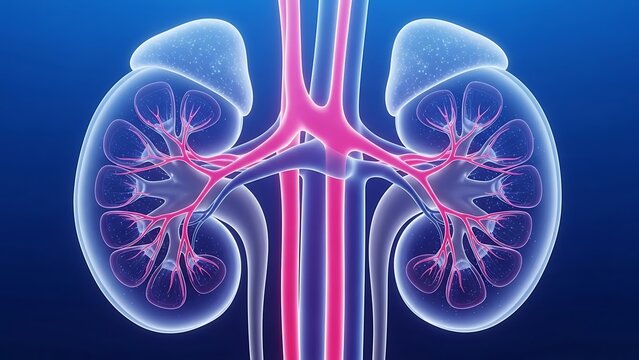 Human kidney anatomy with blood vessels and ureters on blue background