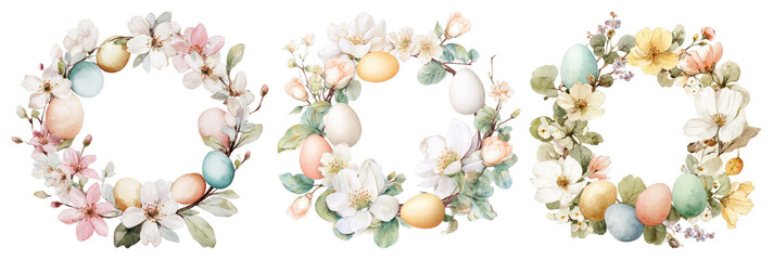 Obraz premium PNG Floral wreaths with Easter eggs element set on transparent background