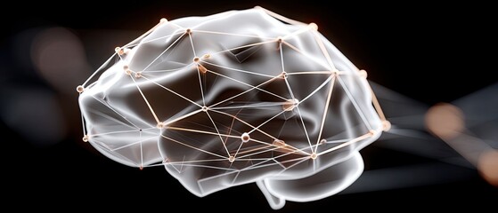 A futuristic brain showcases neural links and light patterns on a dark background, emphasizing tech's role in data processing