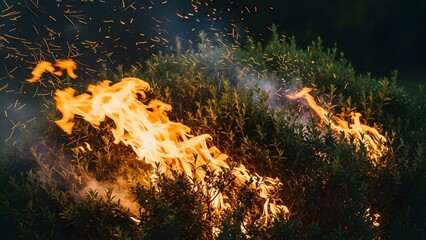 Wild Brush Fire Illuminates Nighttime Landscape.