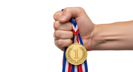 Hand Holding Gold Medal with Blue and Red Ribbon blue ribbon
