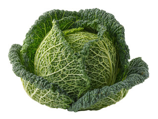 Fototapeta premium Close-up view of a vibrant green cabbage with its intricate textured leaves. The cabbage sits in its entirety. Isolated Transparent Background, PNG