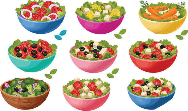 Fresh salad bowl collection vector illustration set featuring colorful vegetable salads with greens, tomatoes, olives, and healthy food ingredients