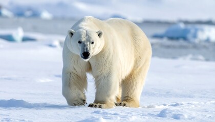 A majestic polar bear strides confidently across a snow-covered landscape, the arctic background hints at the animal's icy habitat