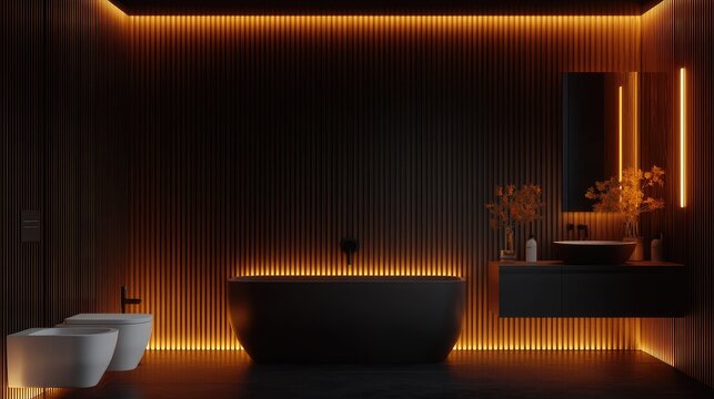 Modern luxury bathroom interior design showcases dramatic warm accent lighting