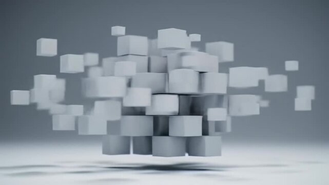 Mesmerizing matte white geometric cubes deconstruct, disperse, reassemble with algorithmic precision on a clean light grey studio, super macro lens, futuristic product design