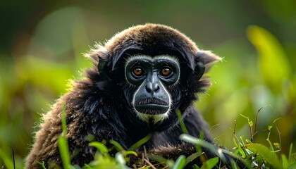 Obraz premium Close-up of black-furred primate with amber eyes, nestled in lush green foliage, intense gaze
