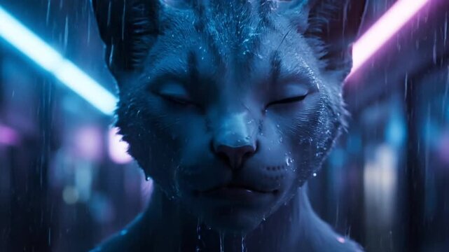 Mysterious Blue Cat Creature with Glowing Eyes in Cyberpunk Rain