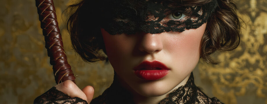 Portrait of a woman wearing a lace blindfold and holding a whip against dark background for sensual romance