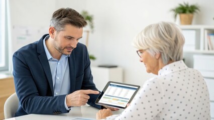 Social Security taxes. Professional interaction between a man and woman reviewing data on a tablet in a bright office setting.