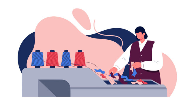 Woman Sewing Colorful Fabric with Thread Spools on Sewing Machine.