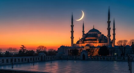 Obraz premium Majestic mosque with crescent moon above its domes and minarets at serene dusk waterfront